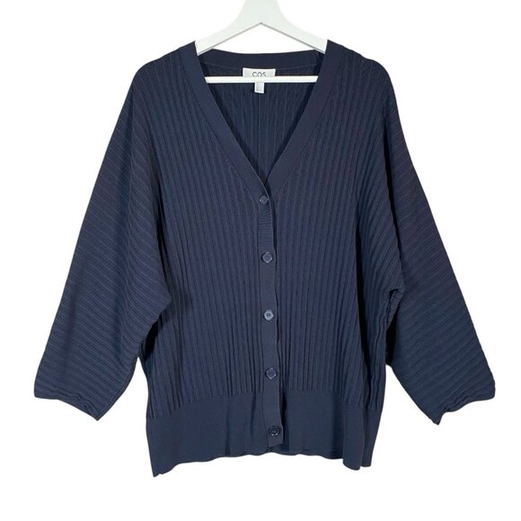 COS Cardigan Size L Navy Button Front V-Neck Relaxed Fit Slouchy Ribbed Knit - Picture 3 of 14